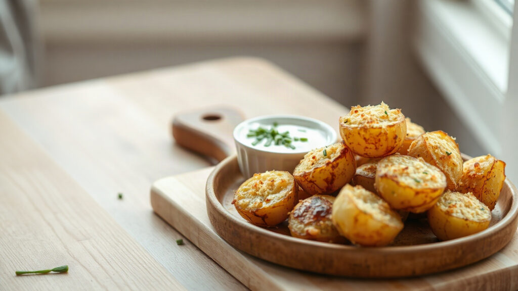 Toaster Oven Crispy Brown Butter Roasted Garlic and Parmesan Smashed Potatoes with Chive Sour Cream