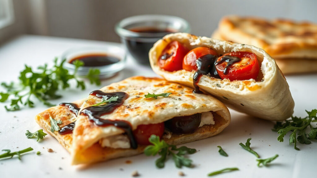 Toaster Oven Crispy Herbed Goat Cheese and Roasted Tomato Stuffed Flatbreads with Balsamic Glaze