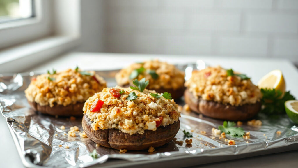 Toaster Oven Crispy Harissa Roasted Red Pepper and Feta Stuffed Mushrooms with Lemon Breadcrumbs