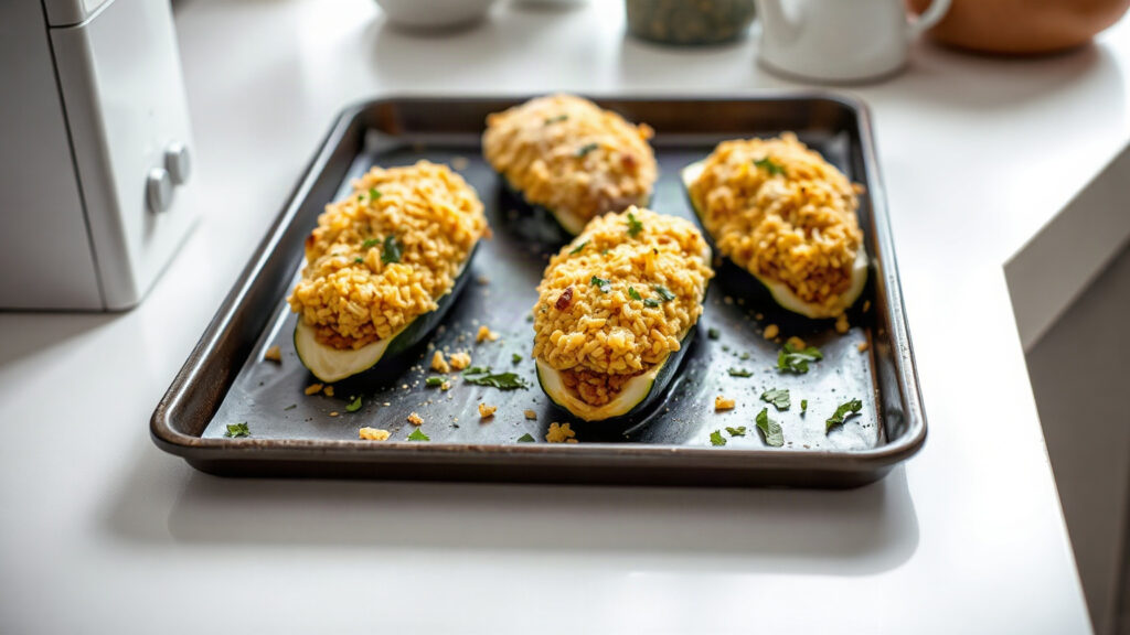 Toaster Oven Crispy Brown Butter Roasted Garlic and Parmesan Orzo-Stuffed Zucchini Boats