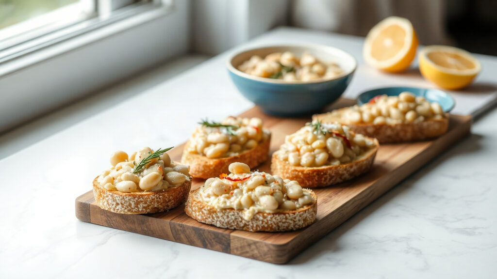 Toaster Oven Crispy Brown Butter Roasted Garlic and White Bean Crostini with Lemon and Rosemary
