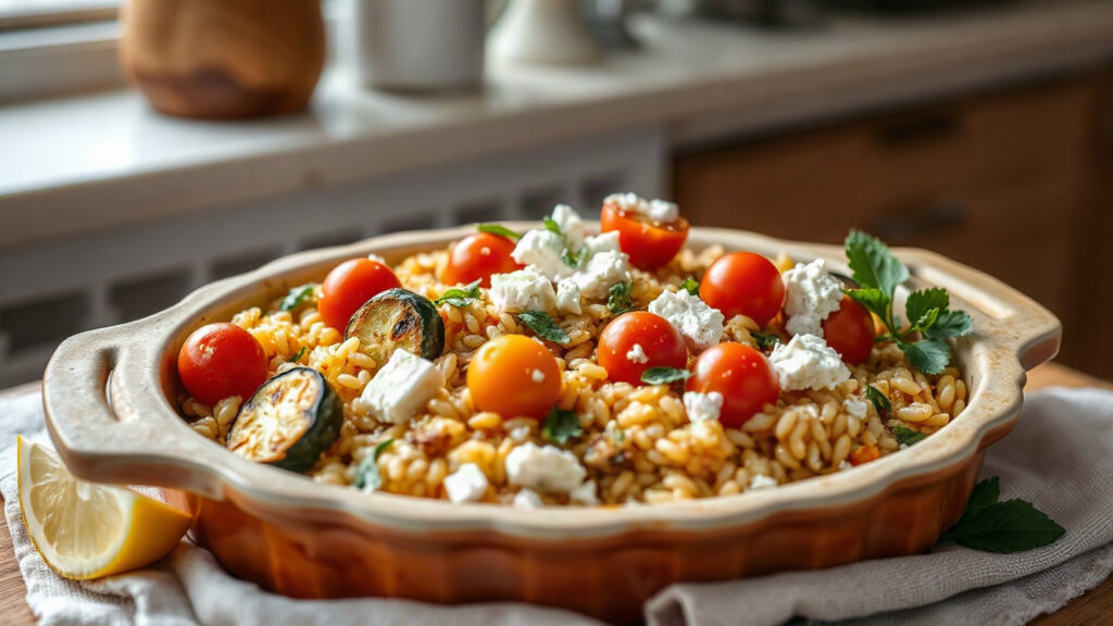 Toaster Oven Crispy Garlic Butter Roasted Zucchini and Feta Orzo Bake