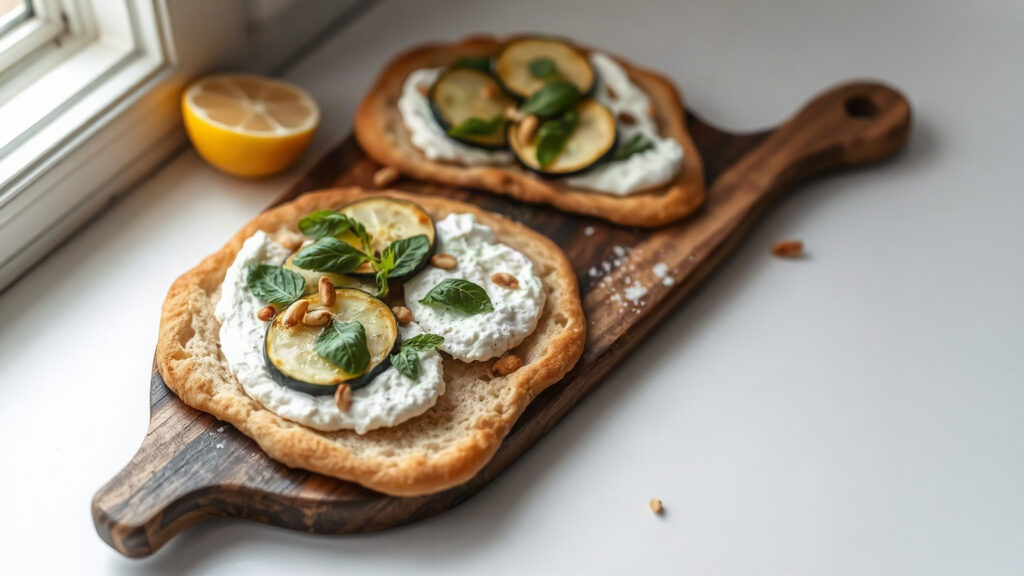 Toaster Oven Crispy Lemon Ricotta and Roasted Zucchini Flatbread with Fresh Mint