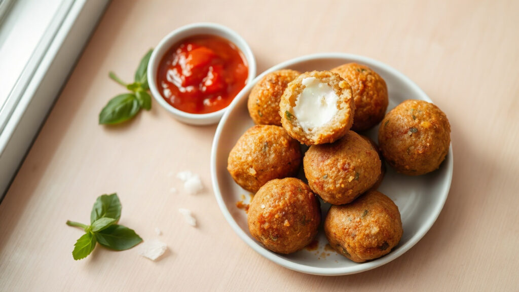 Toaster Oven Crispy Mozzarella-Stuffed Roasted Tomato and Basil Arancini Bites