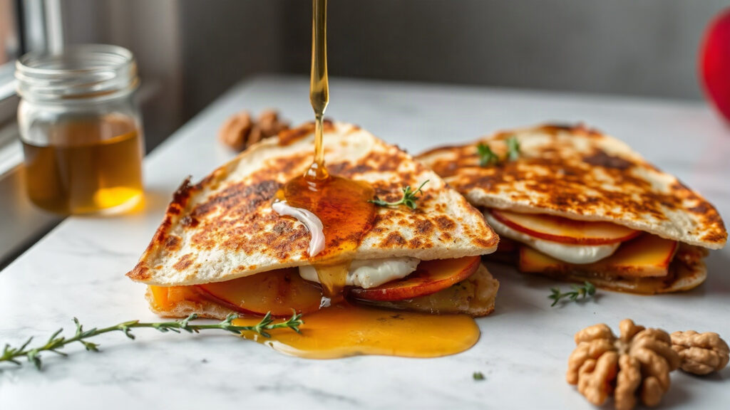 Toaster Oven Crispy Brown Butter Roasted Apple and Brie Quesadillas with Honey and Walnuts