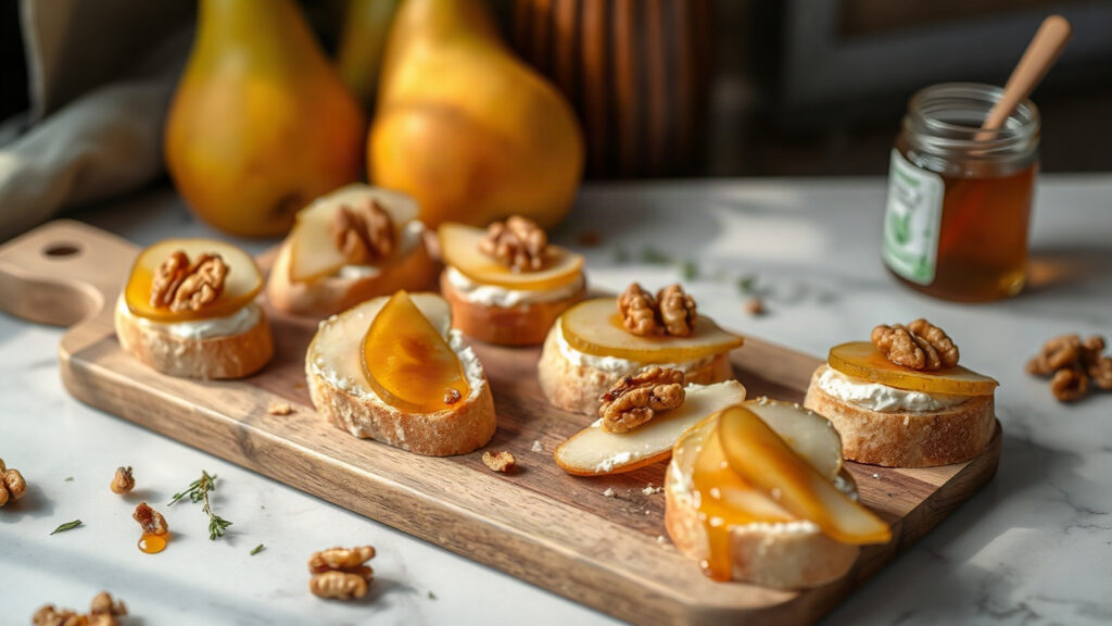 Toaster Oven Crispy Brown Butter Roasted Garlic and Honey Brie Crostini with Sliced Pear and Walnuts
