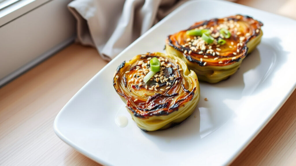 Toaster Oven Crispy Miso Butter Roasted Cabbage Steaks with Sesame and Scallions