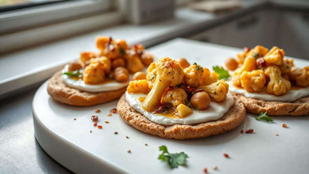Toaster Oven Crispy Sesame Honey Roasted Cauliflower and Chickpea Flatbread with Labneh and Chili Flakes