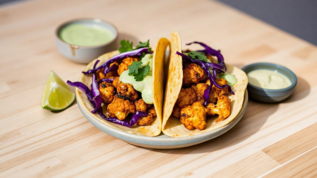 Toaster Oven Crispy Honey Sriracha Roasted Cauliflower Tacos with Avocado Crema