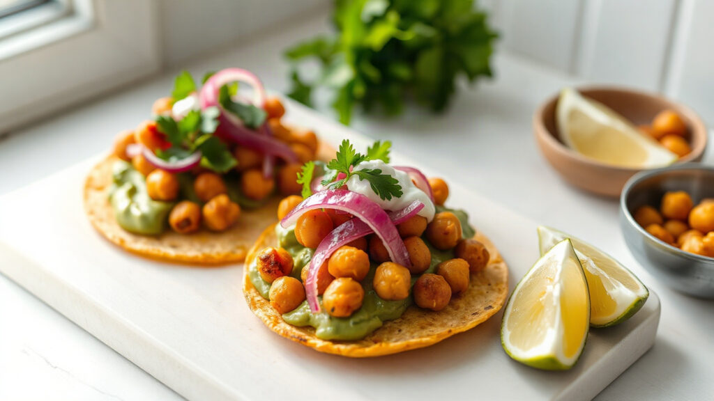 Toaster Oven Crispy Chili-Lime Roasted Chickpea and Avocado Tostadas with Pickled Red Onion