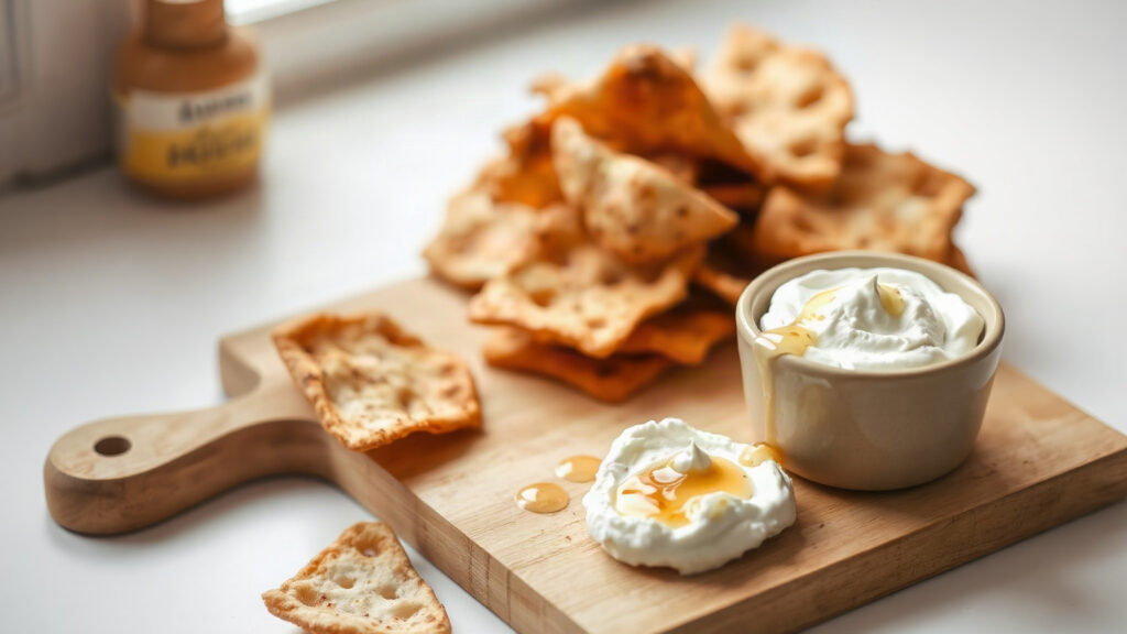Toaster Oven Crispy Cinnamon Sugar Pita Chips with Whipped Honey Ricotta