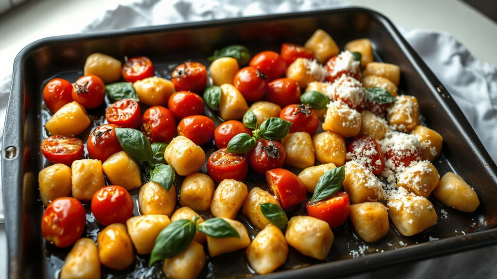 Toaster Oven Crispy Brown Butter Roasted Garlic and Parmesan Gnocchi with Burst Cherry Tomatoes