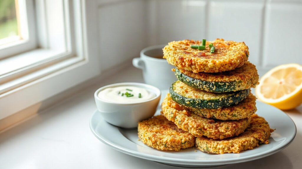 Toaster Oven Crispy Parmesan-Crusted Zucchini Rounds with Lemon Herb Dipping Sauce