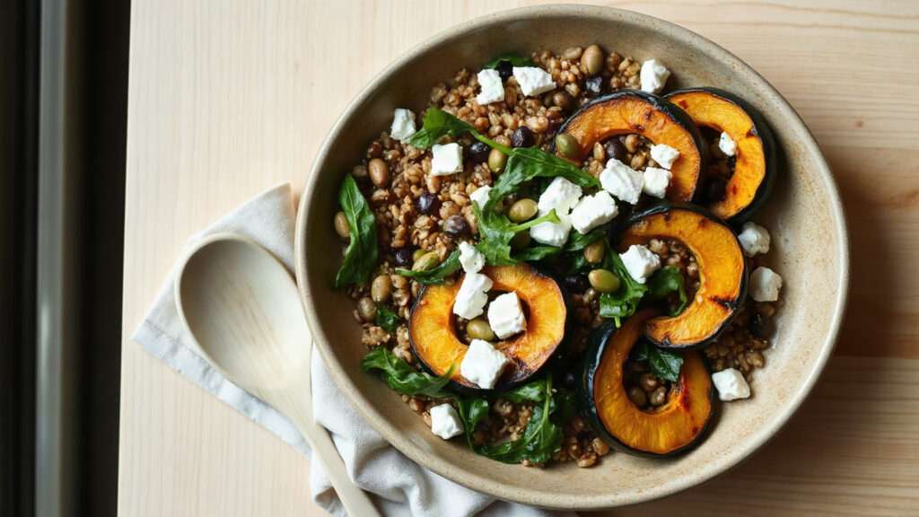 Toaster Oven Crispy Maple Miso Roasted Delicata Squash and Feta Grain Bowls with Toasted Pepitas