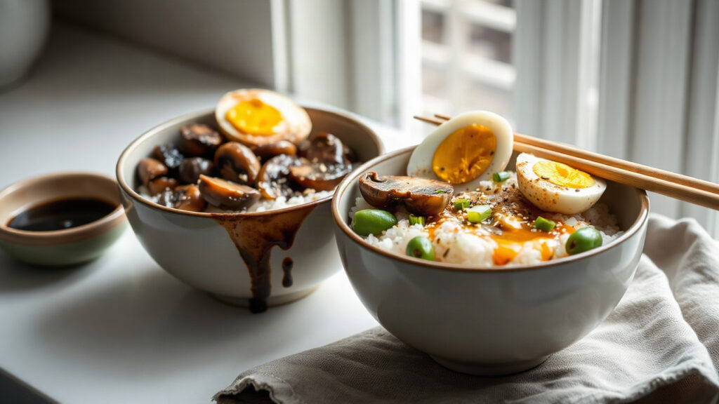 Toaster Oven Crispy Sesame-Ginger Roasted Edamame and Mushroom Rice Bowls with Soft-Boiled Egg