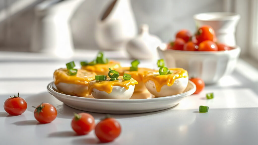 Toaster Oven Crispy Cheddar and Green Onion Egg Bites with Roasted Cherry Tomatoes