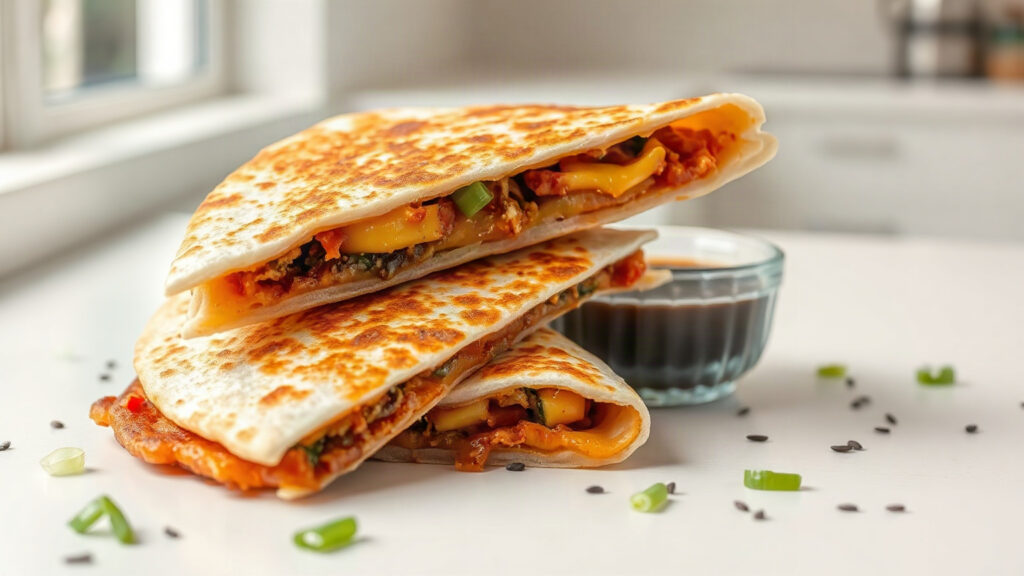 Toaster Oven Crispy Kimchi and Cheddar Quesadillas with Sesame Dipping Sauce