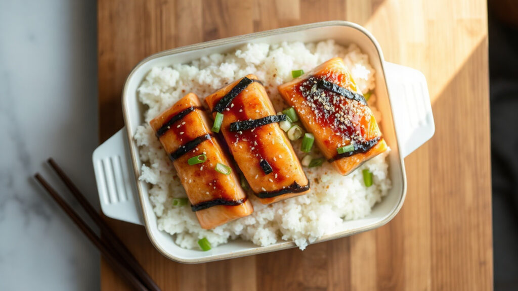 Toaster Oven Crispy Miso-Glazed Salmon Onigiri Bake with Sesame and Scallions