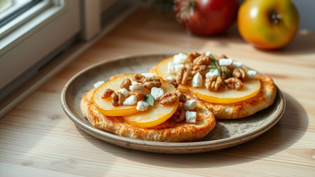 Toaster Oven Crispy Brown Butter Roasted Pear and Gorgonzola Flatbread with Candied Walnuts and Honey