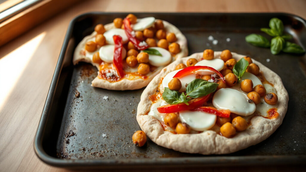 Toaster Oven Crispy Olive Oil and Sea Salt Roasted Chickpea Pita Pizzas with Roasted Red Pepper and Fresh Herbs