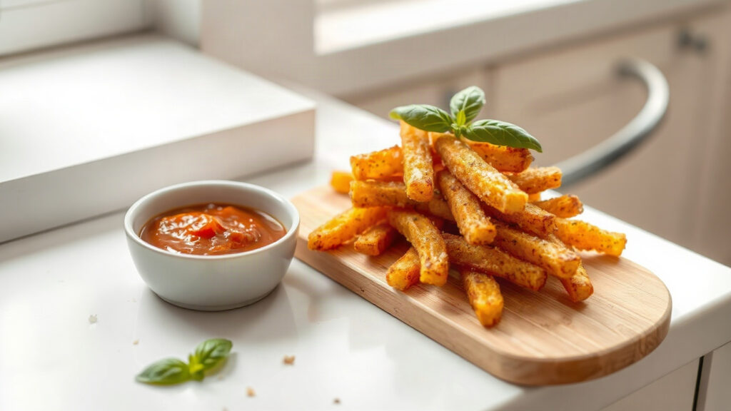 Toaster Oven Crispy Brown Butter Roasted Garlic and Parmesan Polenta Fries with Smoky Marinara