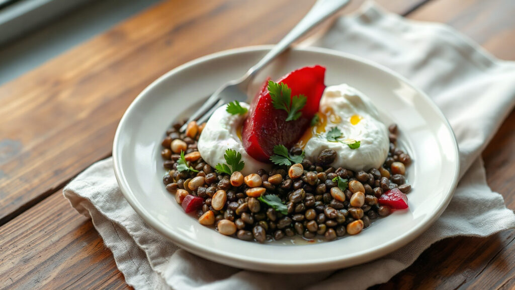 Toaster Oven Crispy Sumac and Olive Oil Roasted Beet and Lentil Salad with Whipped Goat Cheese and Pepitas