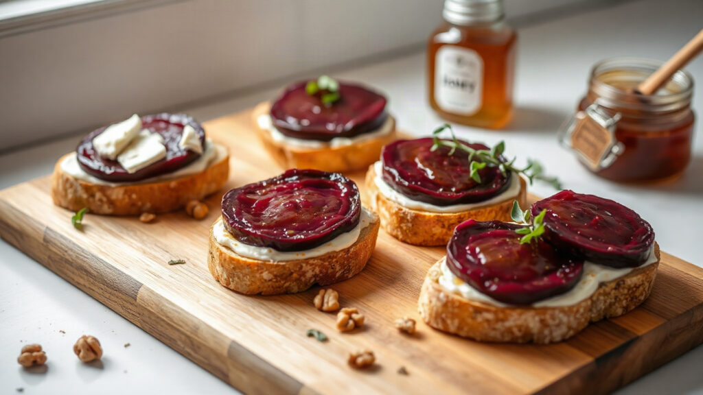 Toaster Oven Crispy Honey Harissa Roasted Beet and Goat Cheese Tartines with Toasted Walnuts