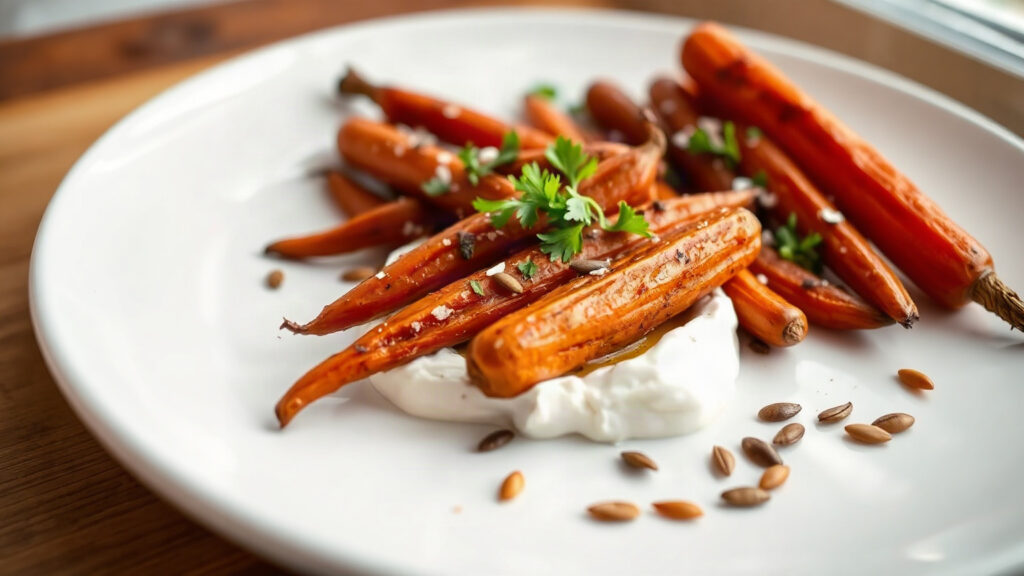 Toaster Oven Crispy Brown Sugar and Dijon Roasted Carrots with Whipped Herbed Cream Cheese