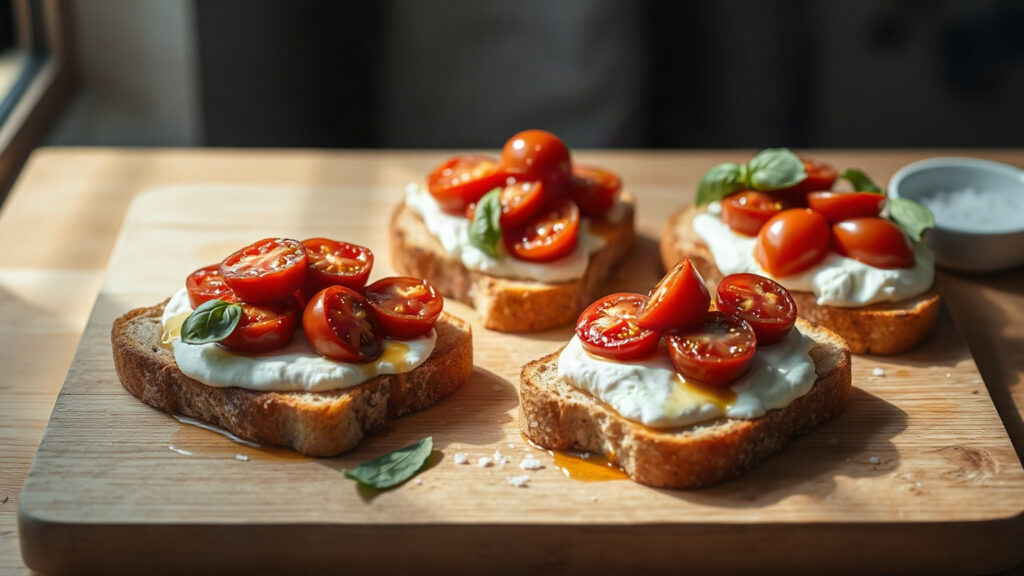 Toaster Oven Crispy Honey Garlic Roasted Cherry Tomato and Ricotta Toast with Fresh Basil