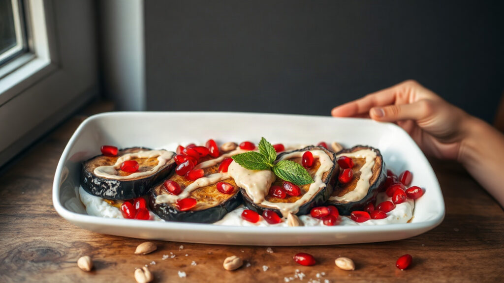 Toaster Oven Crispy Tahini-Glazed Roasted Eggplant Rounds with Herbed Labneh and Pomegranate