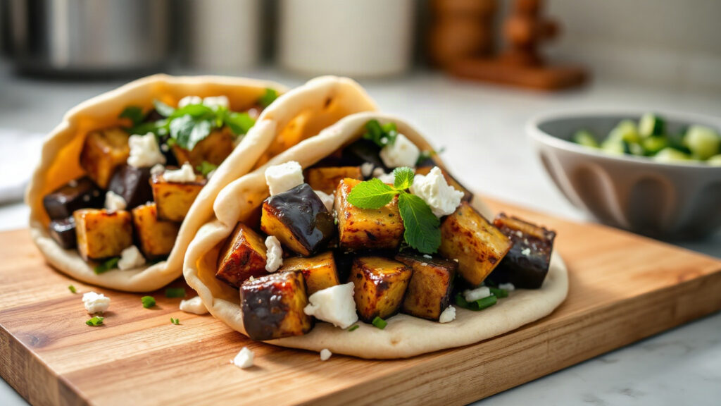 Toaster Oven Crispy Honey Garlic Roasted Eggplant and Feta Pita Pockets with Fresh Herbs