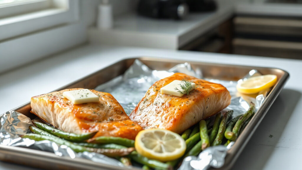 Toaster Oven Crispy Lemon Herb Roasted Salmon with Garlic Butter Green Beans