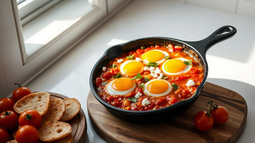 Toaster Oven Crispy Sumac and Olive Oil Roasted Cherry Tomato Shakshuka with Toasted Pita