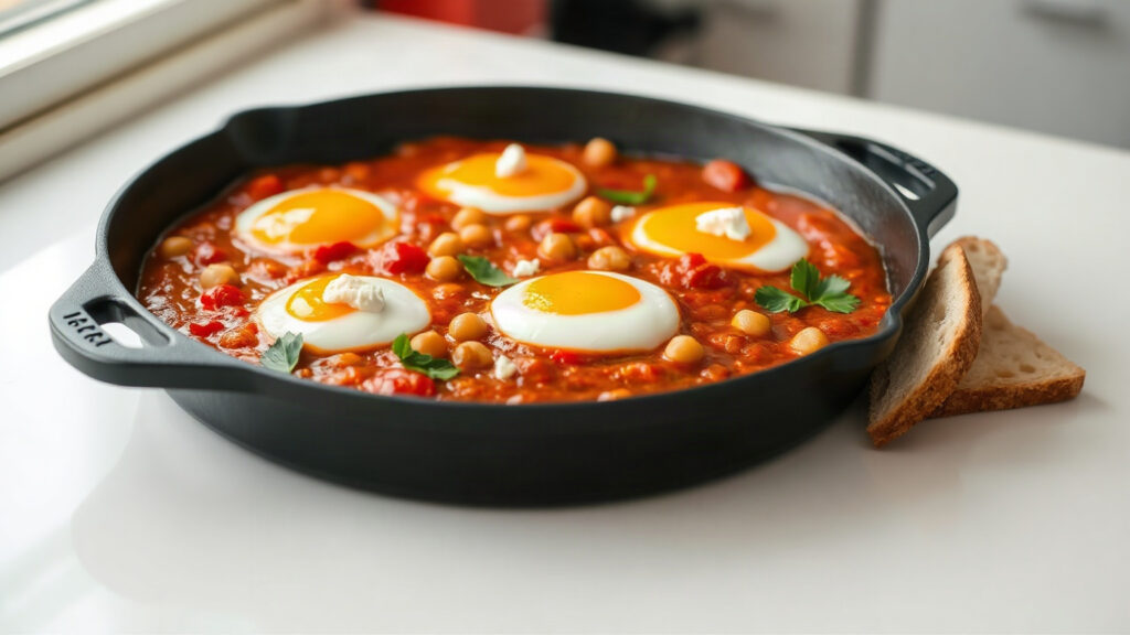 Toaster Oven Crispy Chickpea and Roasted Red Pepper Shakshuka Bake with Whipped Feta