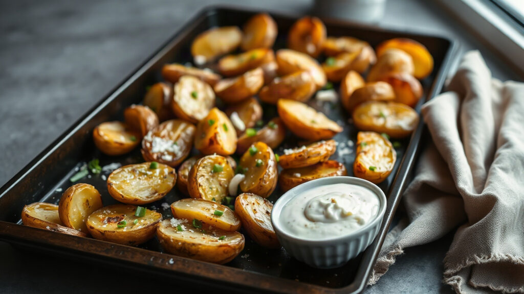 Toaster Oven Crispy Brown Butter Roasted Garlic and Parmesan Smashed Fingerling Potatoes with Lemon Aioli