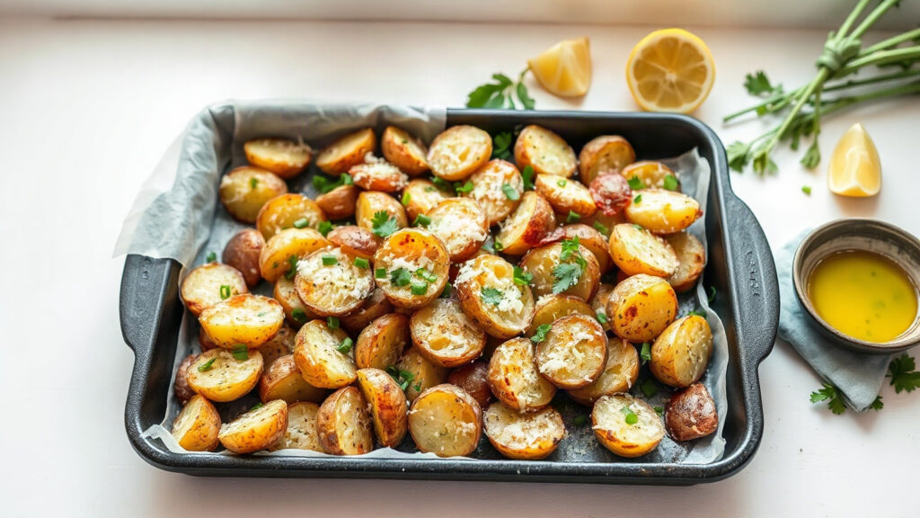 Toaster Oven Crispy Brown Butter Roasted Garlic and Parmesan Smashed Baby Potatoes with Lemon Herb Oil