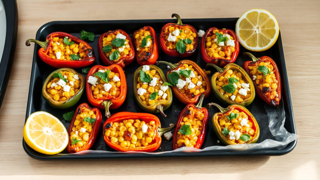Toaster Oven Crispy Harissa Butter Roasted Corn and Feta Stuffed Sweet Peppers with Fresh Herbs