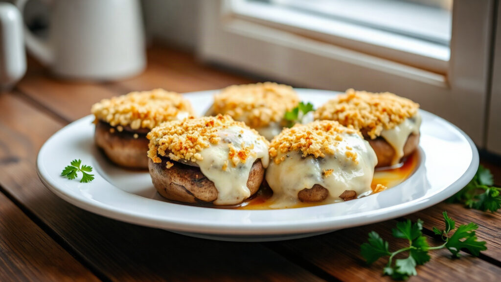 Toaster Oven Crispy Brown Butter Roasted Garlic and Fontina Stuffed Mushrooms with Lemon Panko