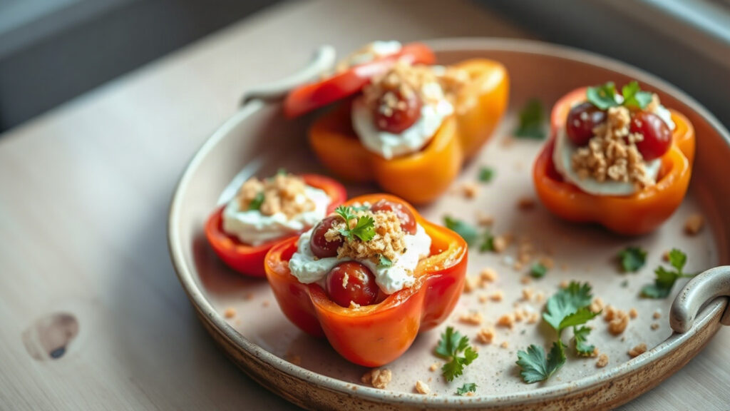 Toaster Oven Crispy Whipped Feta and Roasted Tomato Stuffed Peppers with Herbed Breadcrumbs