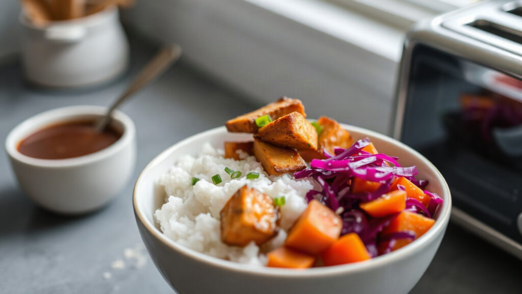 Toaster Oven Crispy Maple Dijon Roasted Tempeh and Sweet Potato Bowls with Pickled Cabbage