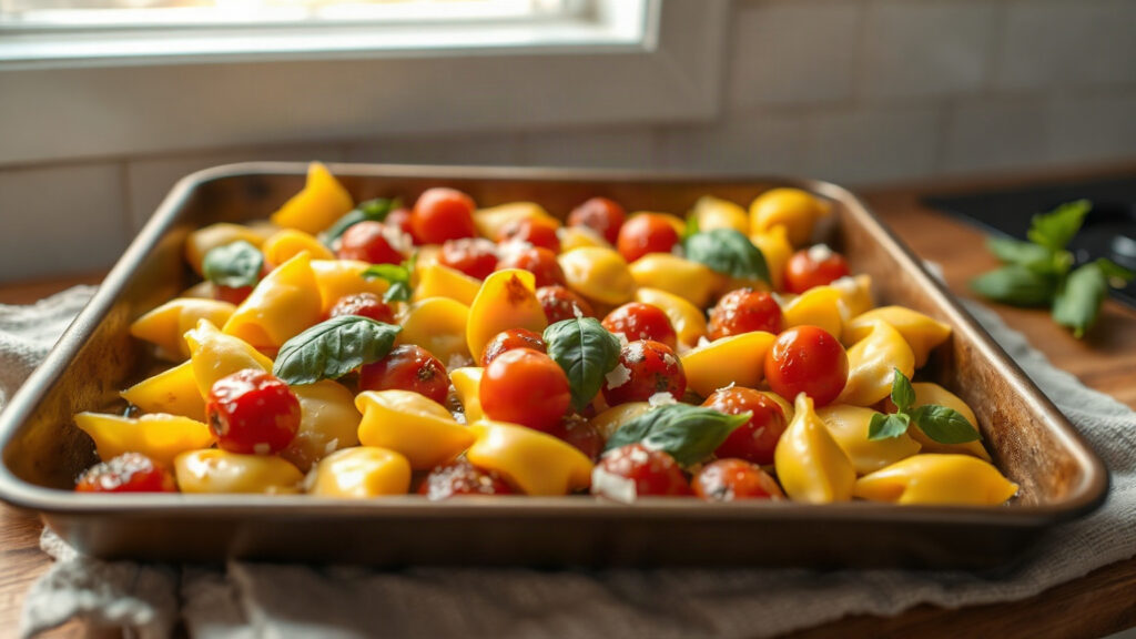 Toaster Oven Crispy Brown Butter Roasted Garlic and Parmesan Tortellini Bake with Burst Cherry Tomatoes