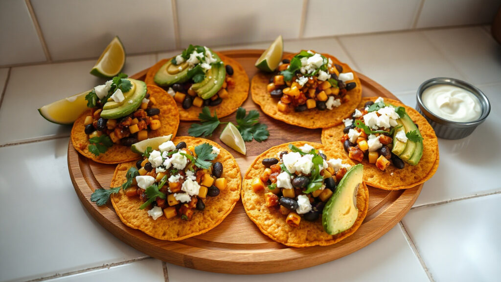 Toaster Oven Crispy Brown Butter Roasted Corn and Black Bean Tostadas with Avocado and Cotija