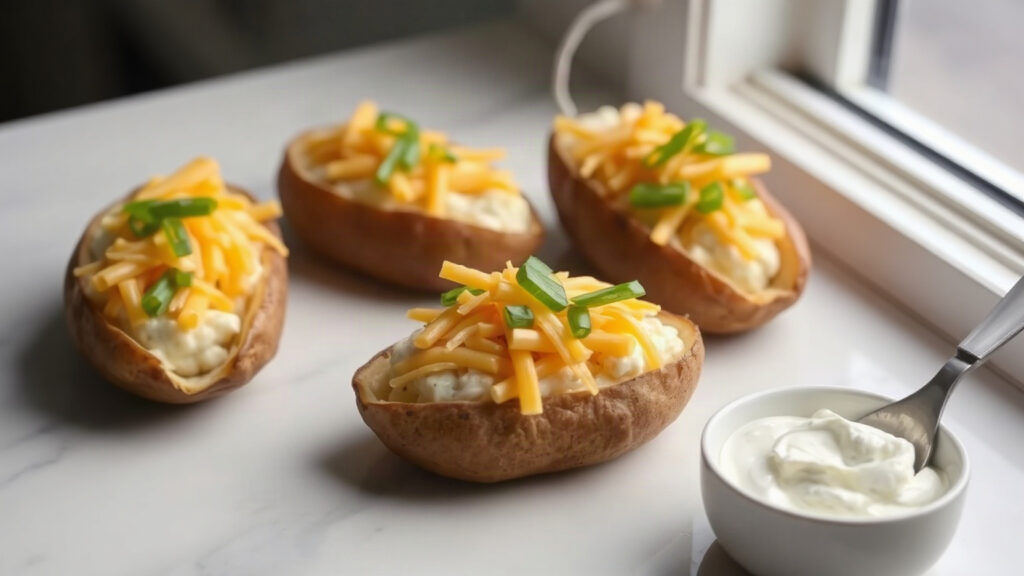 Toaster Oven Crispy Cheddar and Scallion Twice-Baked Potato Boats with Sour Cream