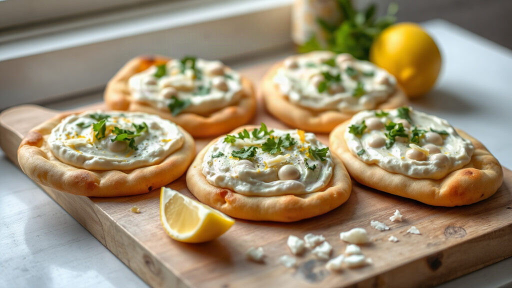 Toaster Oven Crispy Olive Oil Roasted Garlic and Herb White Bean Flatbreads with Lemon and Pecorino
